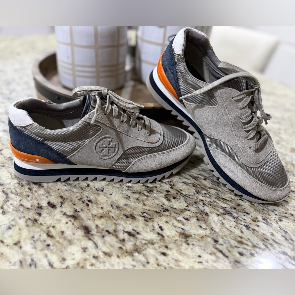 Tory Burch Sawtooth Logo gray leather/suede sneaker